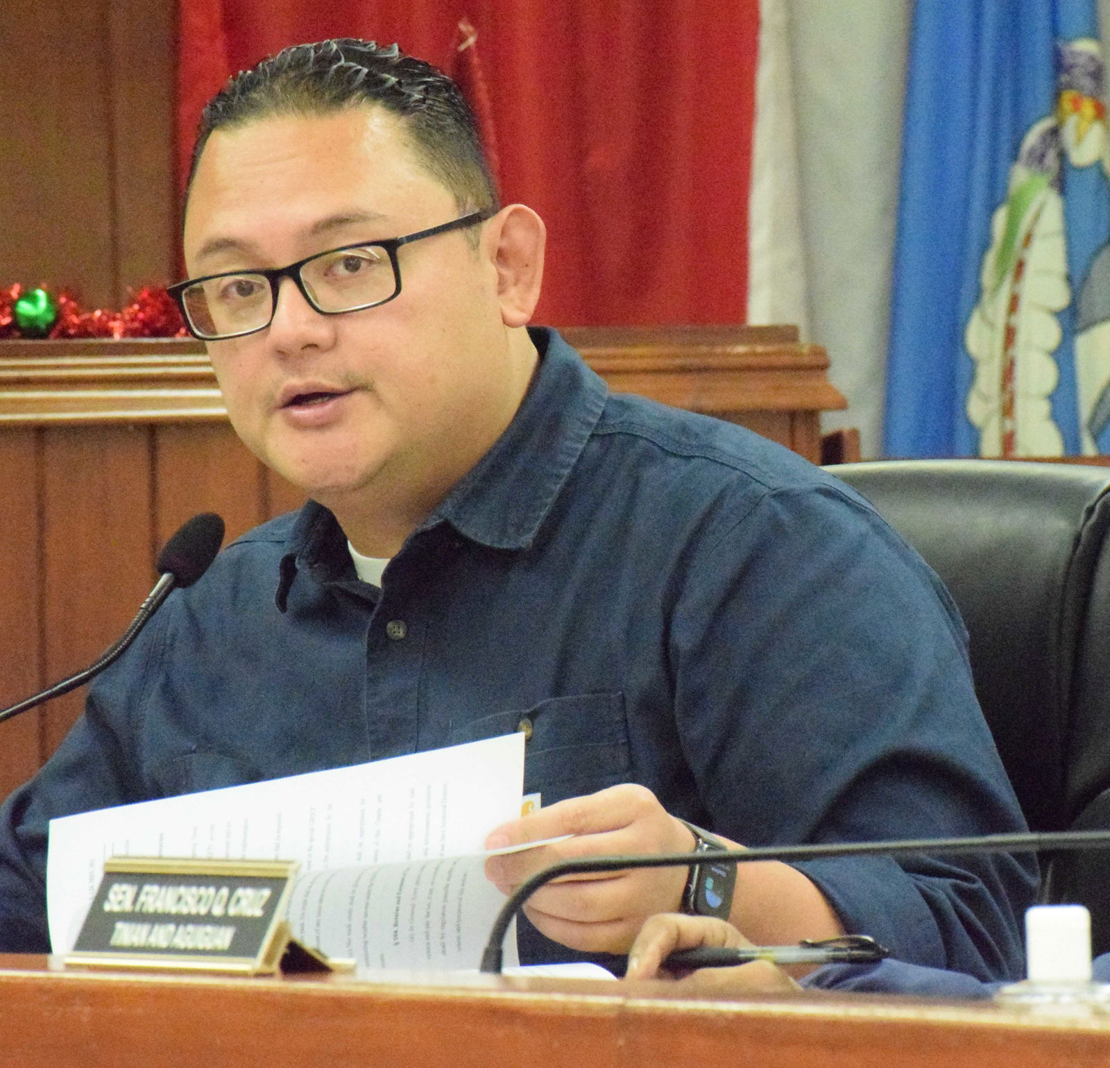 Senate Floor Leader Donald M. Manglona speaks during a meeting in the Senate chamber.