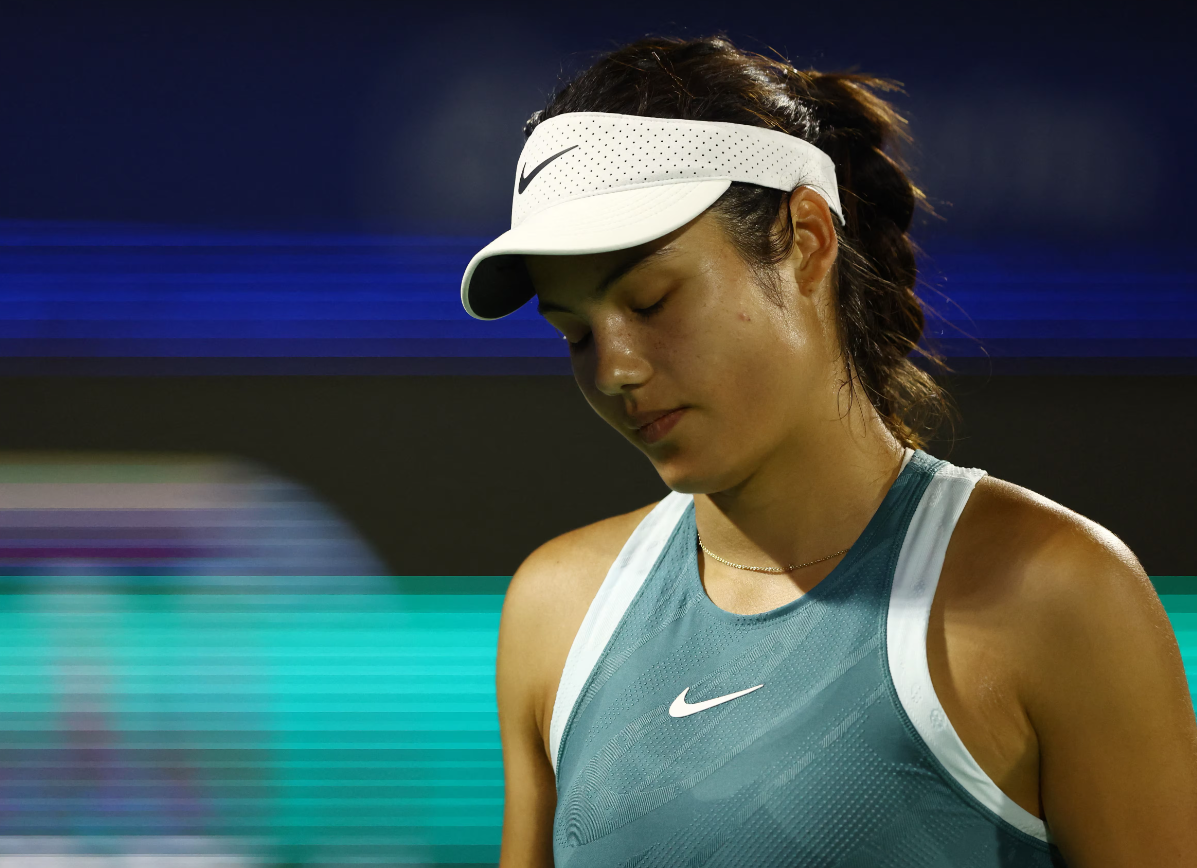 Britain’s Emma Raducanu reacts during her round of 64 match against Greece’s Maria Sakkari at the Dubai Tennis Stadium in Dubai, United Arab Emirates, Feb. 16, 2025REUTERS
