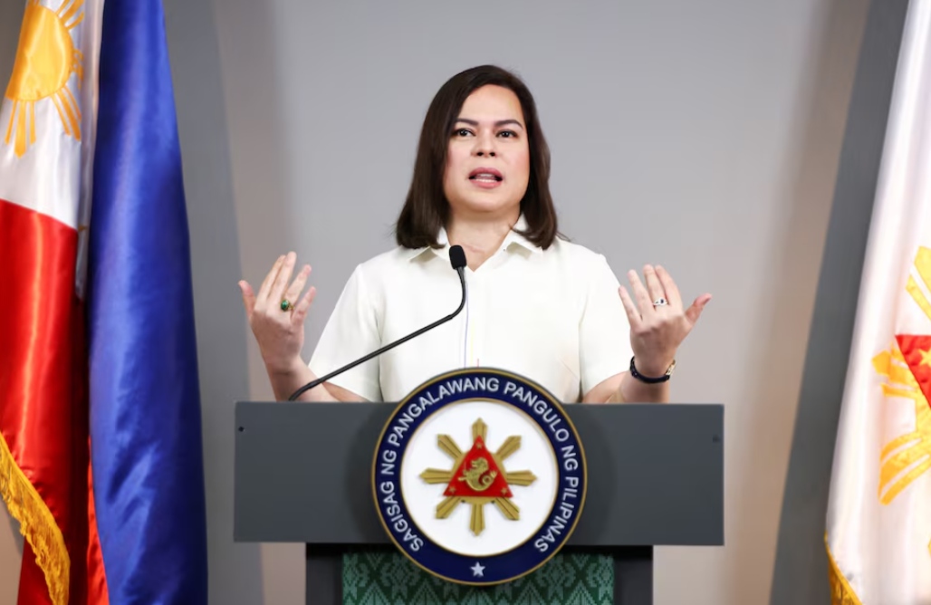 Philippine Vice President Sara Duterte delivers a statement following her impeachment by the lower house of Congress, at her office in Mandaluyong City, Metro Manila, Feb. 7, 2025.