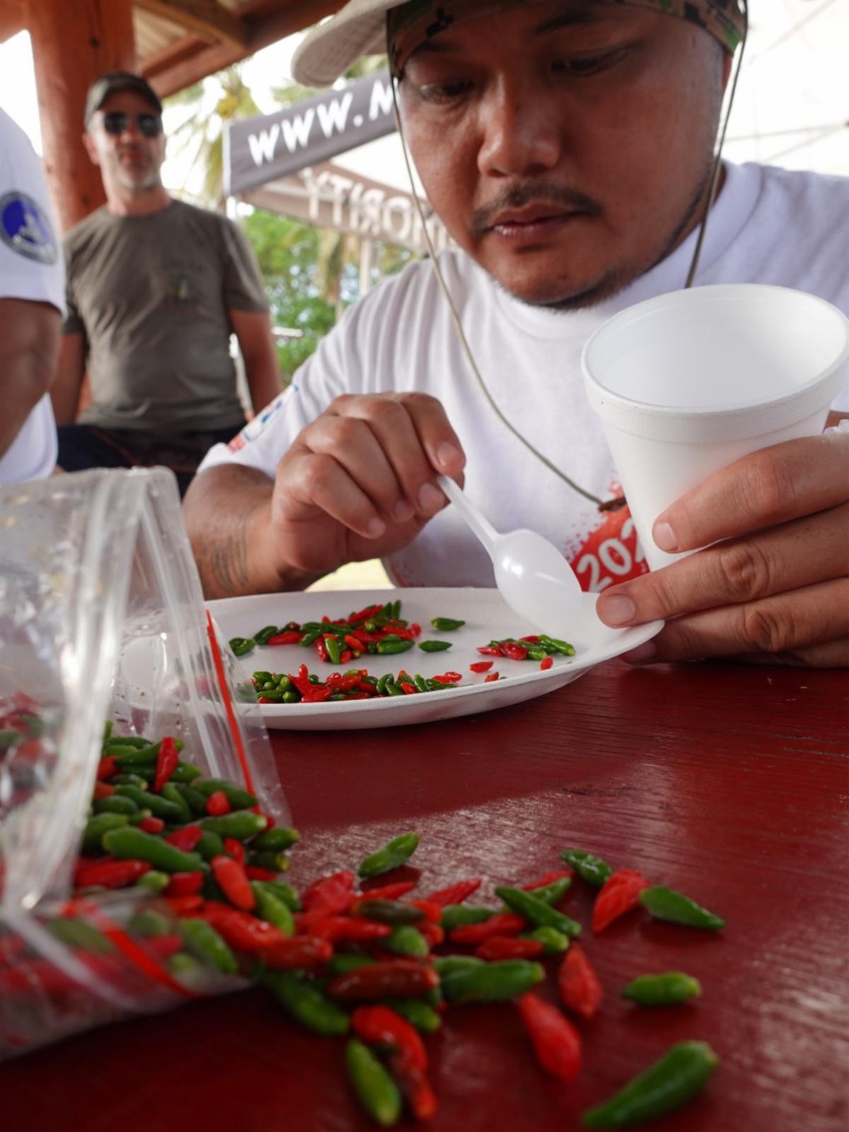 Brian Ayuyu of the Marianas Visitors Authority carefully counts out 100 “donni Sali” hot peppers for the Hot Pepper Eating Contest at the Tinian Hot Pepper Festival in The Marianas in February 2024. The 21st Annual Tinian Hot Pepper Festival will be held Feb. 14-15, 2025, in San Jose, Tinian.