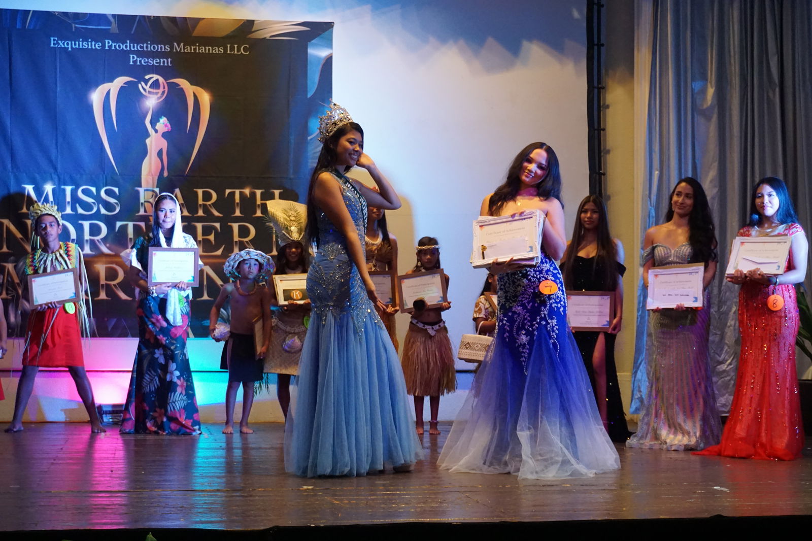 Kaylee Sablan, right foreground, won three of five possible awards at the 2025 Sustainable Fashion Show at Grandvrio Resort’s Fiesta Hall on Saturday, Feb. 8. Also in photo are the other models and the event’s organizer, 2024 Miss Earth Northern Marianas Heavenly Pangelinan, left foreground.
