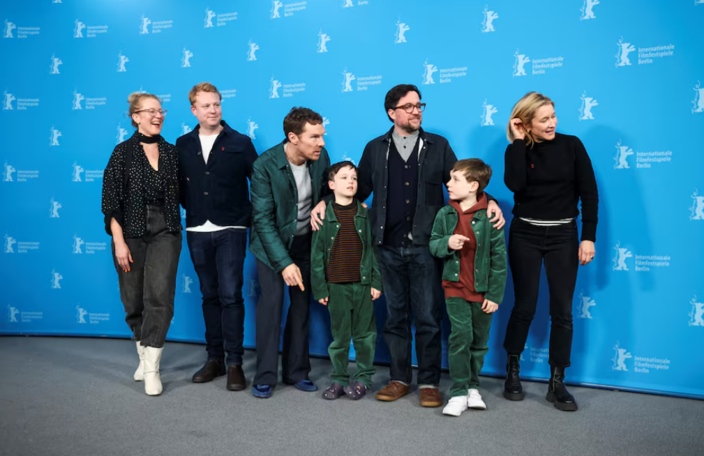 Director Dylan Southern, cast members Benedict Cumberbatch, Richard Boxall and Henry Boxall attend a photocall to promote the film “The Thing with Feathers” at the 75th Berlinale International Film Festival in Berlin, Germany on Feb. 18, 2025.REUTERS