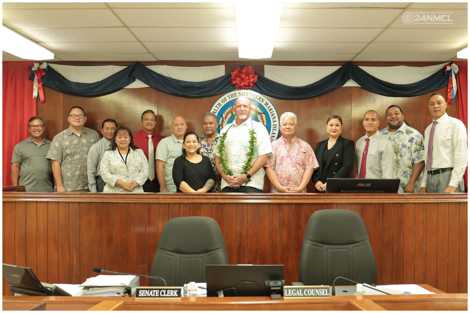 Newly confirmed Commonwealth Ports Authority board member Bartley "Bart" Jackson, center, poses for a photo with Gov. Arnold I. Palacios, senators, CPA board chair Ramon Tebuteb and former Lt. Gov. Diego T. Benavente.Legislative Bureau photo