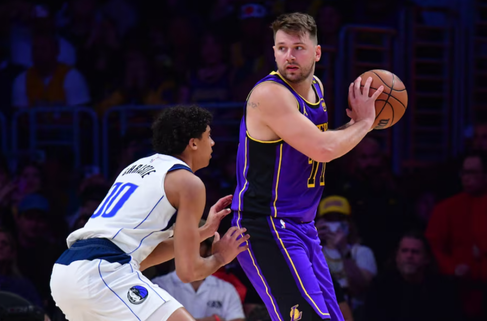 Los Angeles Lakers guard Luka Doncic (77) looks to move the ball on Dallas Mavericks guard Max Christie (00) during the first quarter at Crypto.com Arena in Los Angeles on Feb. 25, 2025.Photo by Gary A. Vasquez/Imagn Images
