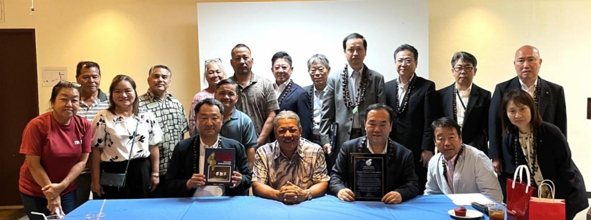 Tinian Mayor Edwin Aldan, seated second left, welcomes Hiroshima Prefectural Assembly delegates on Jan. 24, 2025, in the Triple J conference room in Tinian, The Marianas. Also pictured are members of the Tinian Municipal Council and management and staff of the Mayor’s Office and Marianas Visitors Authority.