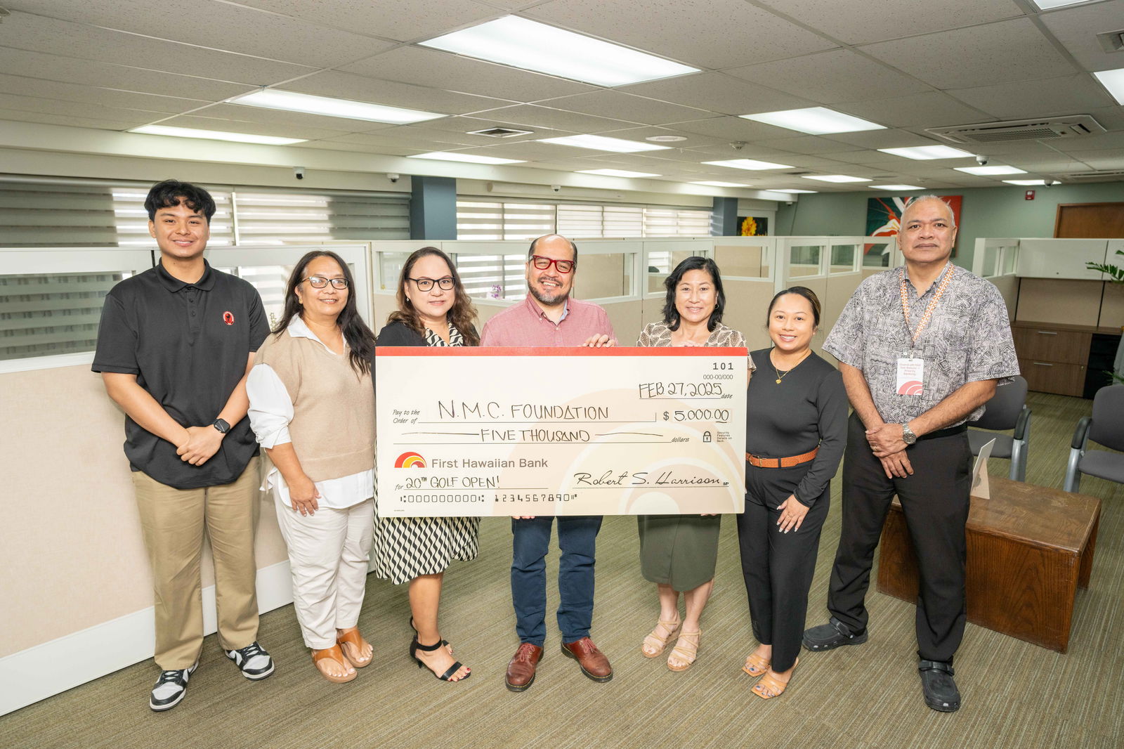 First Hawaiian Bank has contributed $5,000 to the Northern Marianas College Foundation in support of its upcoming Golf Open. From left, Associated Students of NMC Treasurer Richard Baleares, NMC Executive Secretary to the Board of Regents Helen Camacho, FHB Personal Banking Officer Rita Agulto, NMC President Galvin Deleon Guerrero, EdD, FHB Vice President & Branch Manager Vickie Izuka, FHB Senior Merchant Services Representative Piarose Aguon, and FHB Assistant Vice President & Business Banking Officer Vicente Agulto.NMC photo