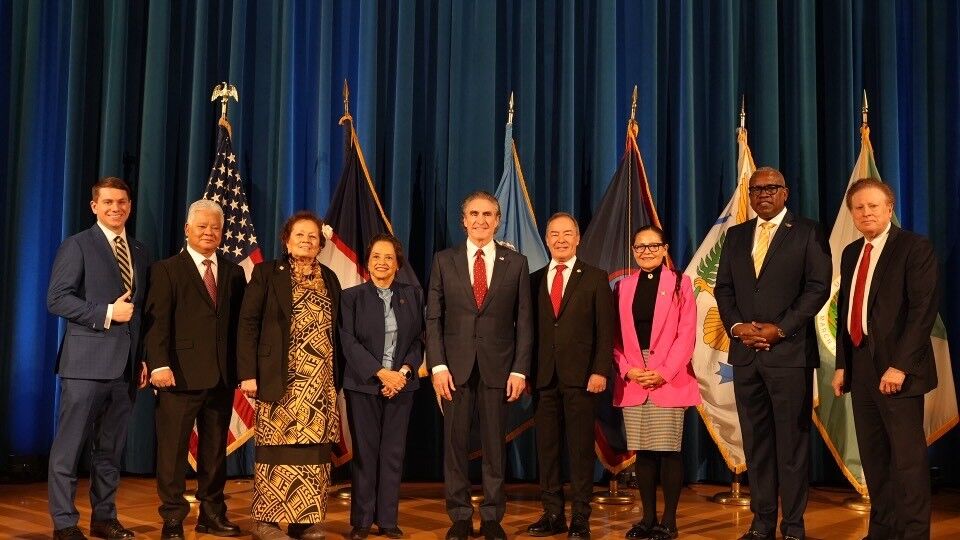 From left, Director of White House Office of Intergovernmental Affairs Alex Meyer, CNMI Gov. Arnold Palacios, U.S. Congresswoman Aumua Amata of American Samoa, Guam Gov. Lou Leon Guerrero, Secretary of the Interior Doug Burgum, U.S. Congressman James Moylan of Guam, U.S. Congresswoman Kim King-Hinds of the CNMI, U.S. Virgin Islands Gov. Albert Bryan Jr. and Senior Advisor to the Interior Secretary Scott Cameron.