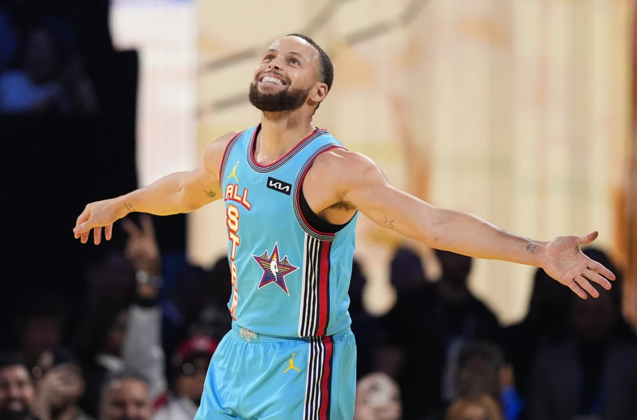 Golden State Warriors guard Stephen Curry celebrates after scoring during the NBA All-Star game Sunday, Feb. 16, 2025 in San Francisco.