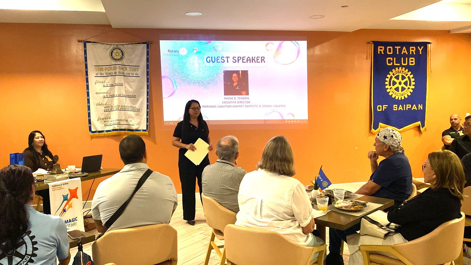 Maisie Tenorio speaks at the Rotary Club of Saipan meeting on Tuesday, Feb. 25, at Crowne Plaza Resort Saipan.