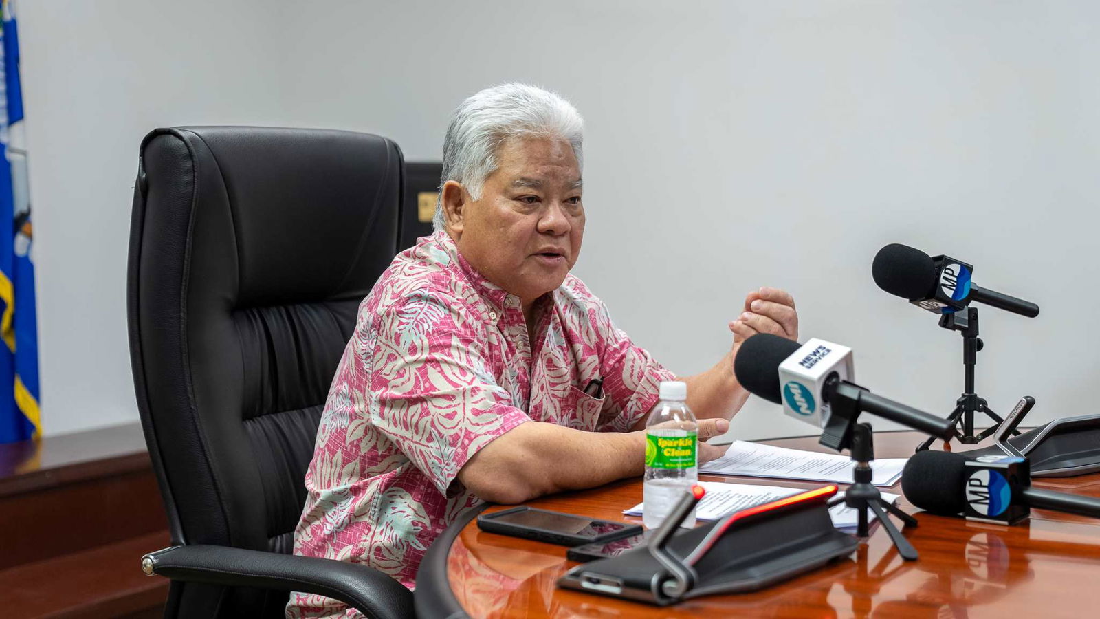 Gov. Arnold I. Palacios talks to reporters during a press conference at his office on Capital Hill.