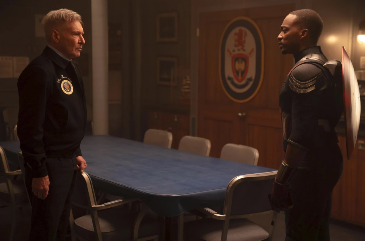 Harrison Ford, left, and Anthony Mackie in a scene from “Captain America: Brave New World.”