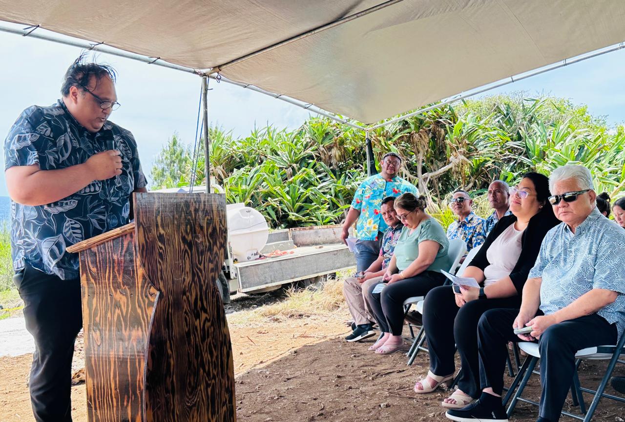 Grants Management and State Clearinghouse Administrator Epi Cabrera delivers his remarks as Rota Mayor Aubry Hocog, second right, and Gov. Arnold I. Palacios, right, listen during the unveiling of the Taga Statue on Rota on Friday.Contributed photo