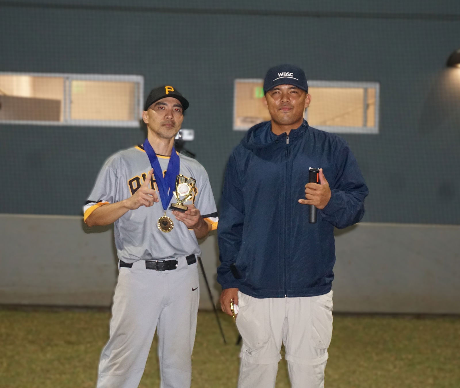 Derek Sasamoto poses with the Championship Game MVP Award during the awards ceremony of the 2024 SBL Masters League at the Francisco "Tan Ko" Palacios Baseball Field on Wednesday, Feb 26.
