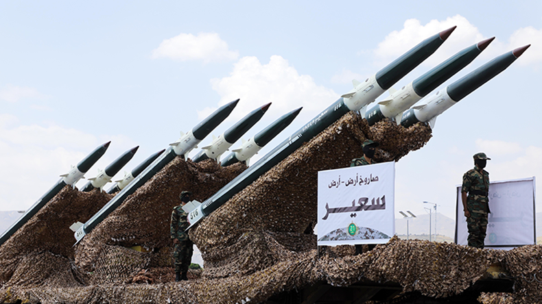 Missiles are seen during a military parade held by the Houthi group in Sanaa, Yemen, on Sept. 21, 2022. 
