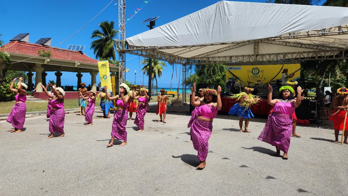 Indigenous Carolinian dancers of The Marianas Experience perform at Skechers Saipan Marathon 2025 festival on March 8, 2025.