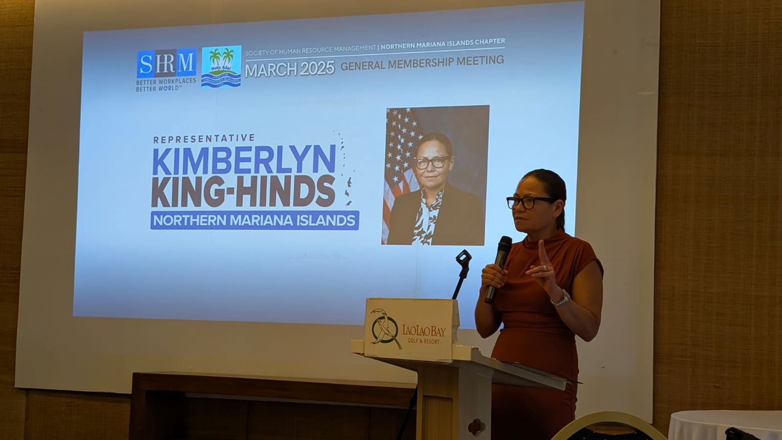 U.S. Congresswoman Kimberlyn King-Hinds delivers her remarks during a general membership meeting of the Society for Human Resource Management-CNMI Chapter at LaoLao Bay Golf & Resort’s Caladium on Tuesday.