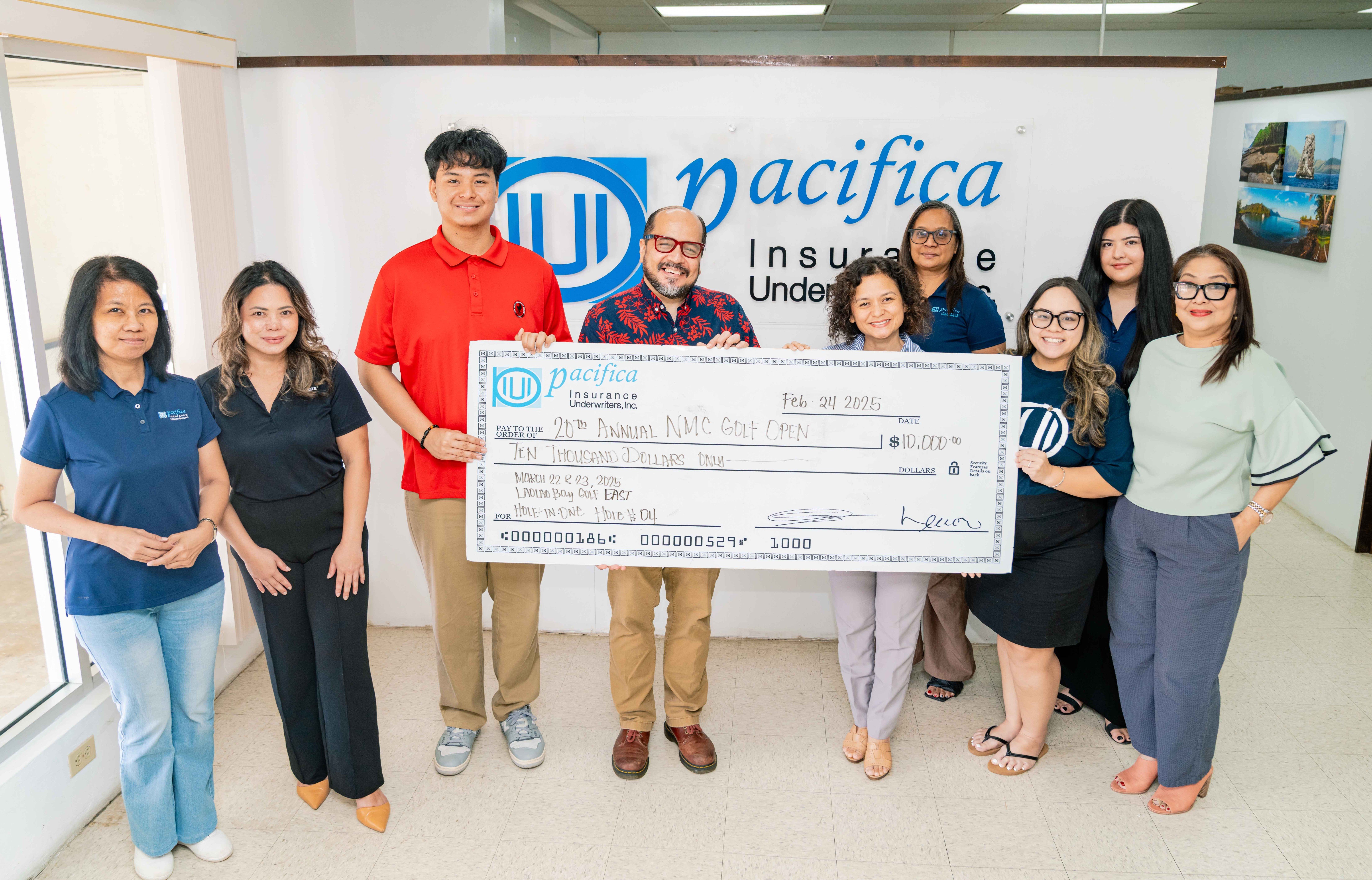 As part of its commitment to supporting education in the CNMI, Pacifica Insurance Underwriters is sponsoring a $10,000 hole-in-one cash prize at the Northern Marianas College Foundation’s upcoming Golf Open on March 22 and 23, 2025, on top of $1,000 in Education Tax Credit. From left, Pacifica Insurance representatives Tess Gella and Francine Camacho, Associated Students of NMC Treasurer Richard Baleares, NMC President Galvin Deleon Guerrero, EdD, Pacifica Insurance President and CEO Shirley T. Sablan, Pacifica Insurance Operations Manager Jessica Sablan, Pacifica Insurance Broker Department Supervisor/Underwriter Dionne Camacho, and Pacifica Insurance representatives Dana Manglona and Jane Madarang.NMC photo