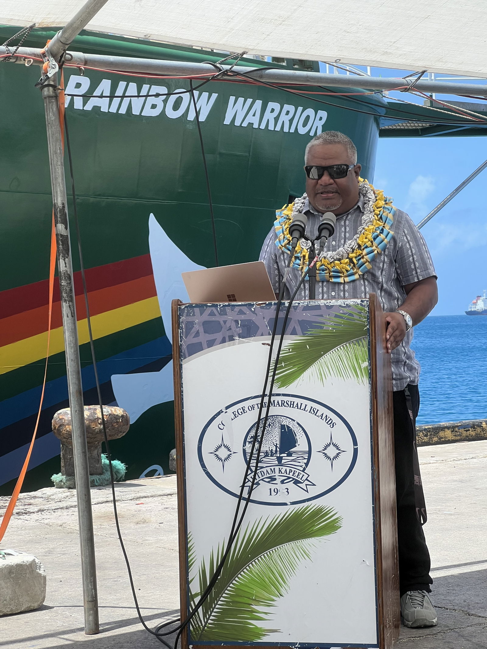 Rongelap MP Hilton Kendall told the welcome ceremony for the Rainbow Warrior Tuesday this week in Majuro: "We were displaced, our lives were disrupted, and our voices ignored. In our darkest time, Greenpeace stood with us.”Photo by Giff Johnson