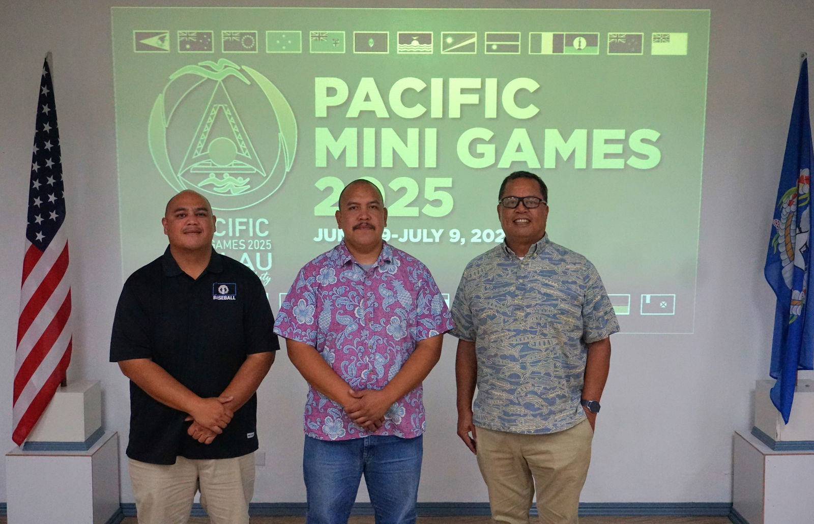 NMI National Baseball Team Manager Jay Kintol, center, poses with Saipan Baseball League board member Shine Tenorio, left, and SBL President Jay Santos in the conference room of the Ada gym during a press conference on Wednesday.Photo by James F. Sablan Jr.