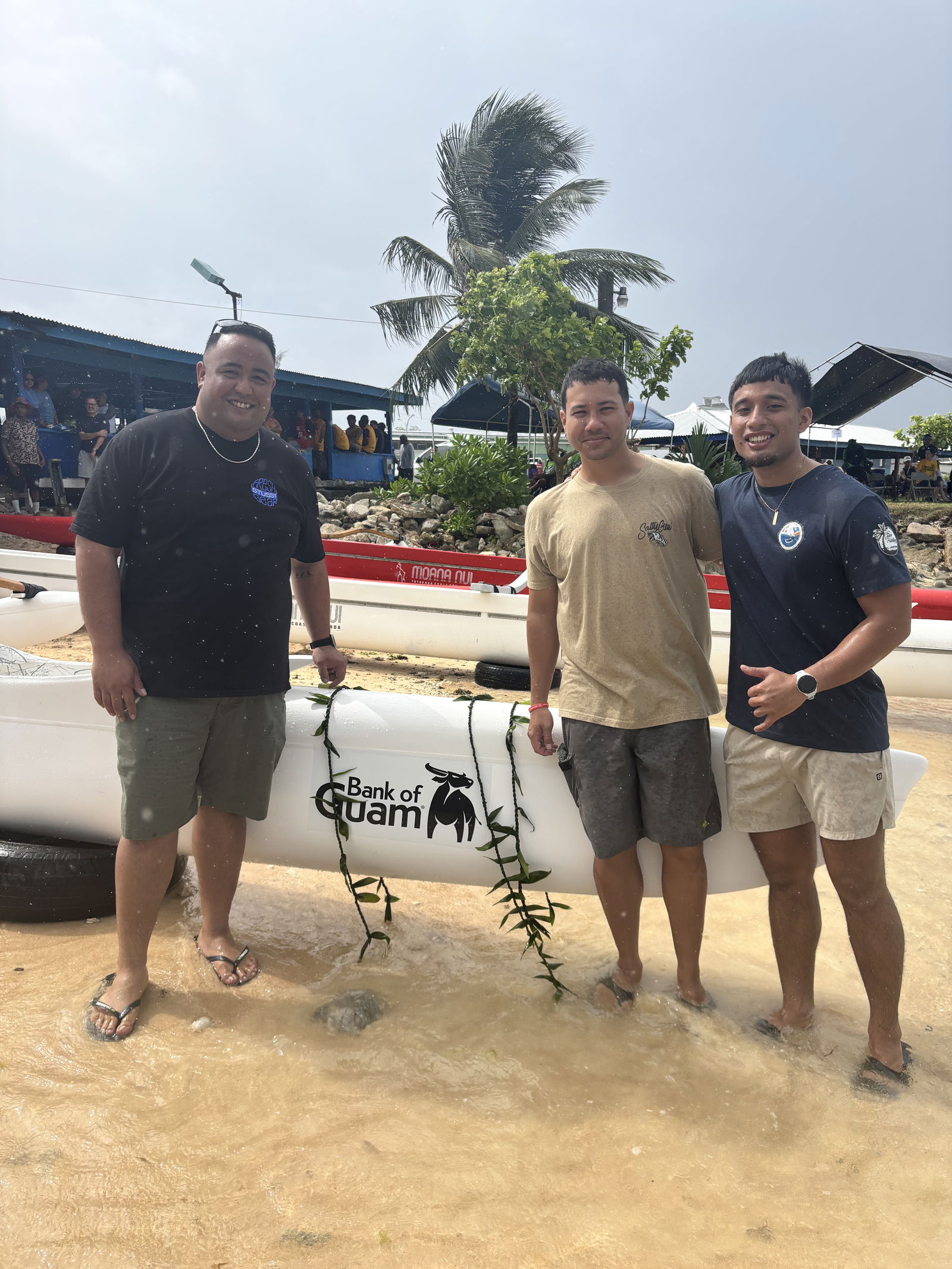 Pictured with the Varua Va’a Canoe are Ryan Ditchen, Branch Manager, Bank of Guam; Joseph Eli Kramer, Pacific International Inc.; and Dawson F. Peralta, Majol Canoe Paddling Club.
