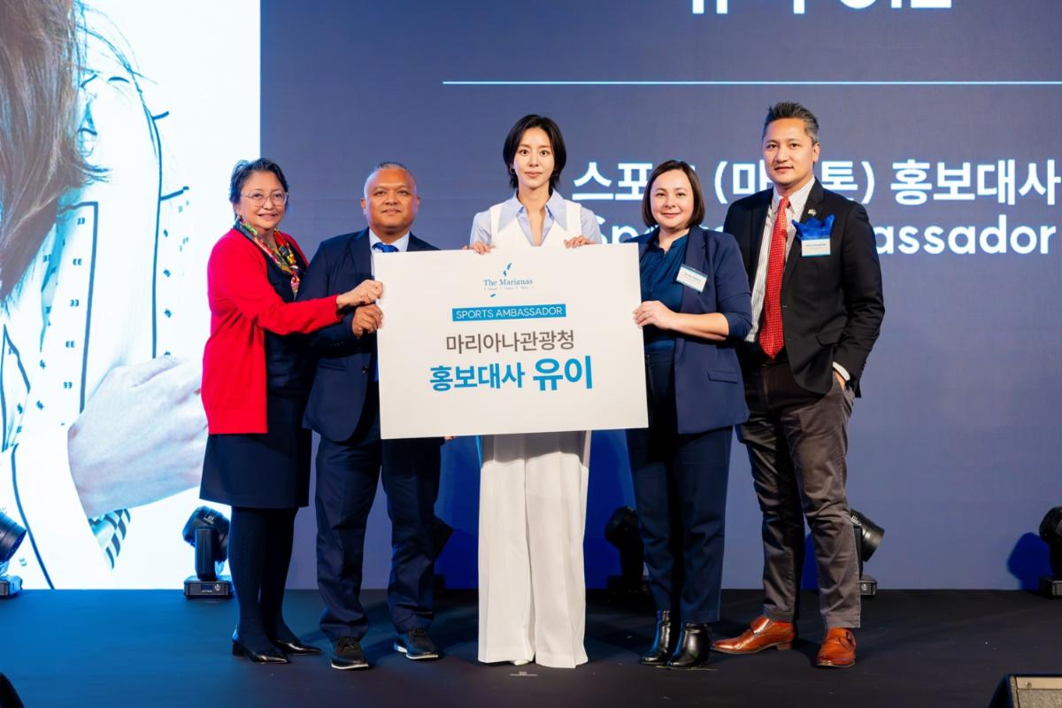 Actress UIE is named honorary Marianas sports (marathon) tourism ambassador at “The Marianas Day” seminar organized by the Marianas Visitors Authority (MVA) for travel trade representatives held on Feb. 26, 2025, in Seoul, Korea. From left, MVA Board Chairwoman Gloria Cavanagh, MVA Board Member Dwayne Maratita, UIE, MVA incoming Managing Director Jamika Taijeron, and MVA Managing Director Christopher A. Concepcion.