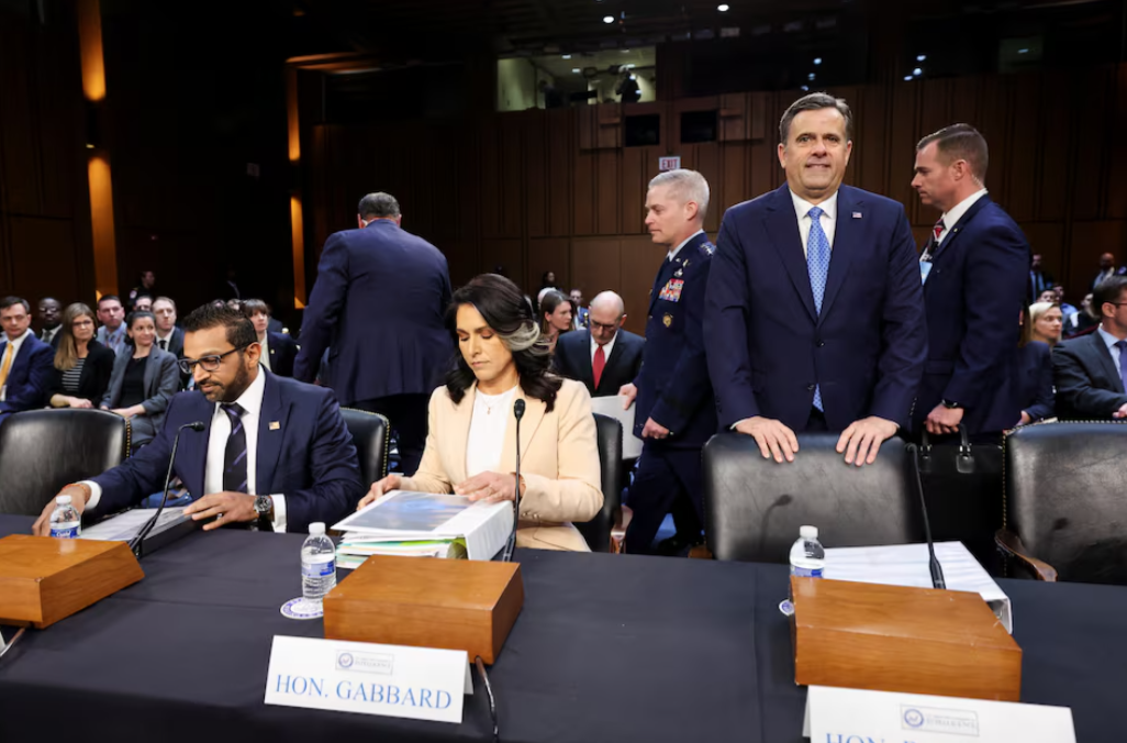 Director of National Intelligence Tulsi Gabbard, CIA Director John Ratcliffe and FBI Director Kash Patel appear on the day they testify before a Senate Intelligence Committee hearing on worldwide threats, on Capitol Hill in Washington, D.C., March 25, 2025.REUTERS