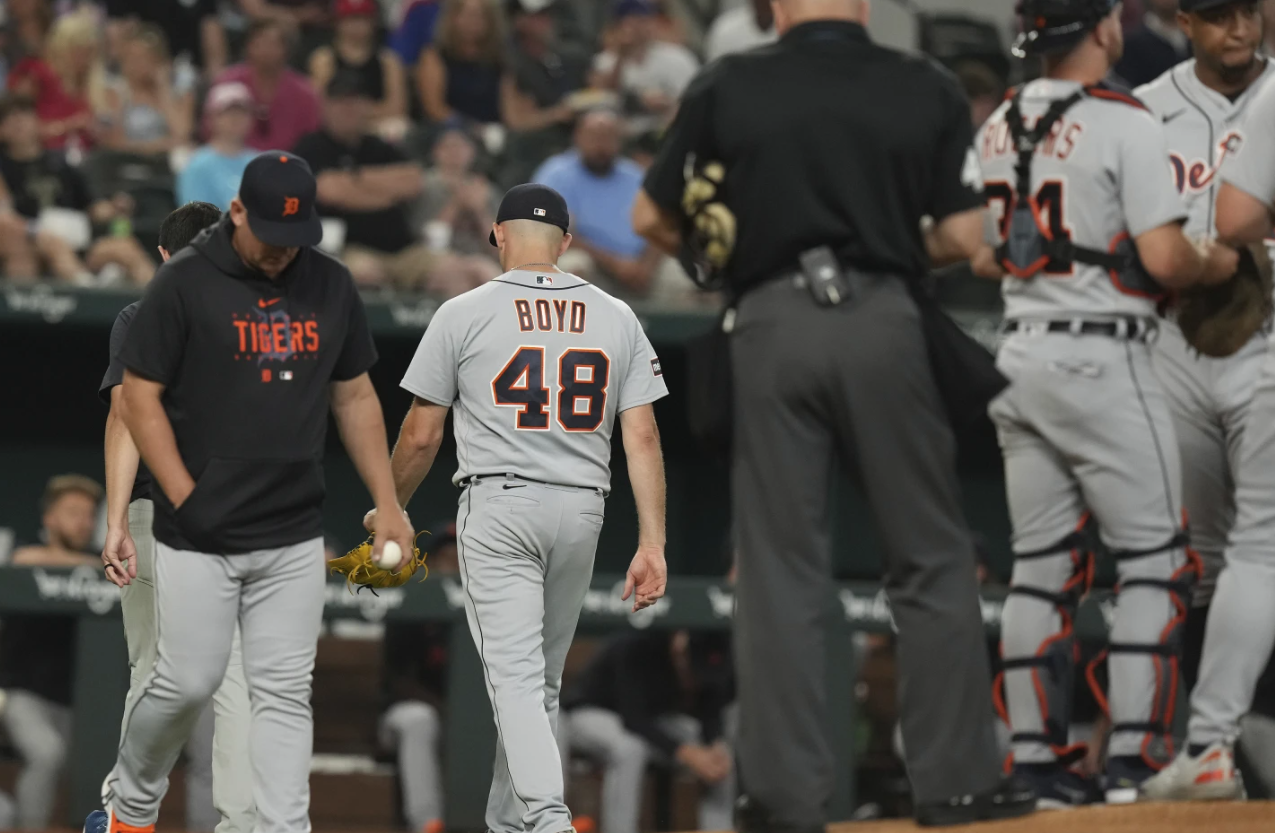 Detroit Tigers starting pitcher Matthew Boyd (48) leaves a baseball game during the first inning against the Texas Rangers in Arlington, Texas on June 26, 2023.AP