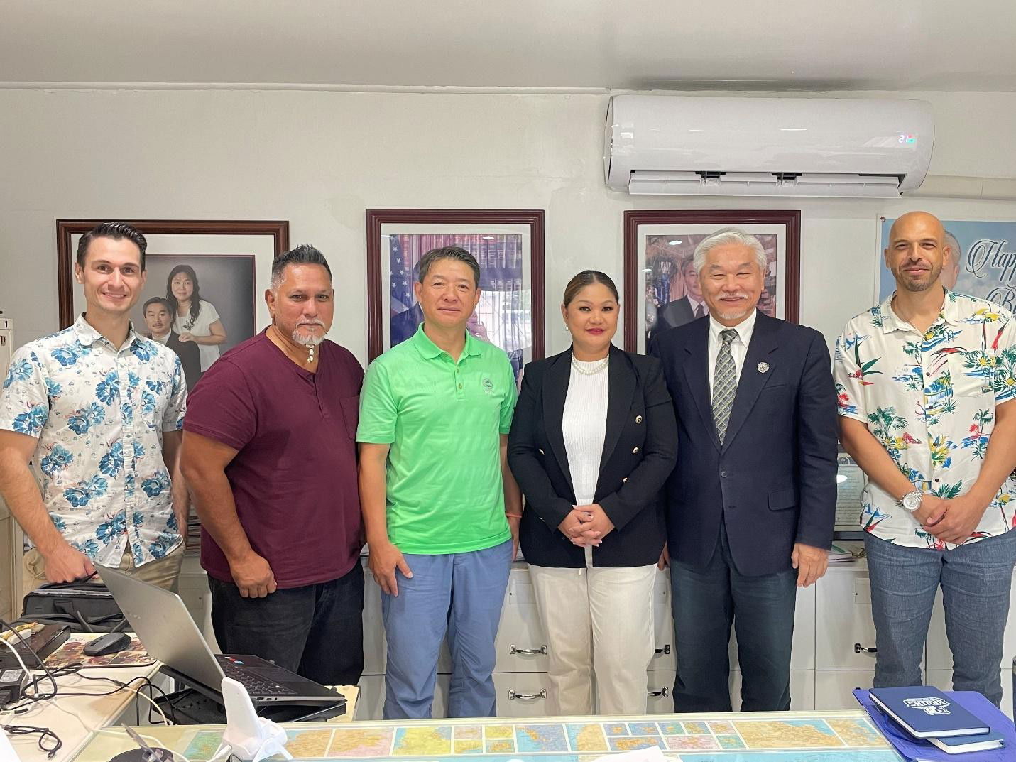 From left, Joshua Cook (board vice president, Trade Council of the Marianas), Ted Deleon Guerrero (member, Trade Council of the Marianas), Daniel Xu, Sen. Corina Magofna, Dr. Christian Wei of Eucon and Vin Armani (board president, Trade Council of the Marianas).Contributed photo