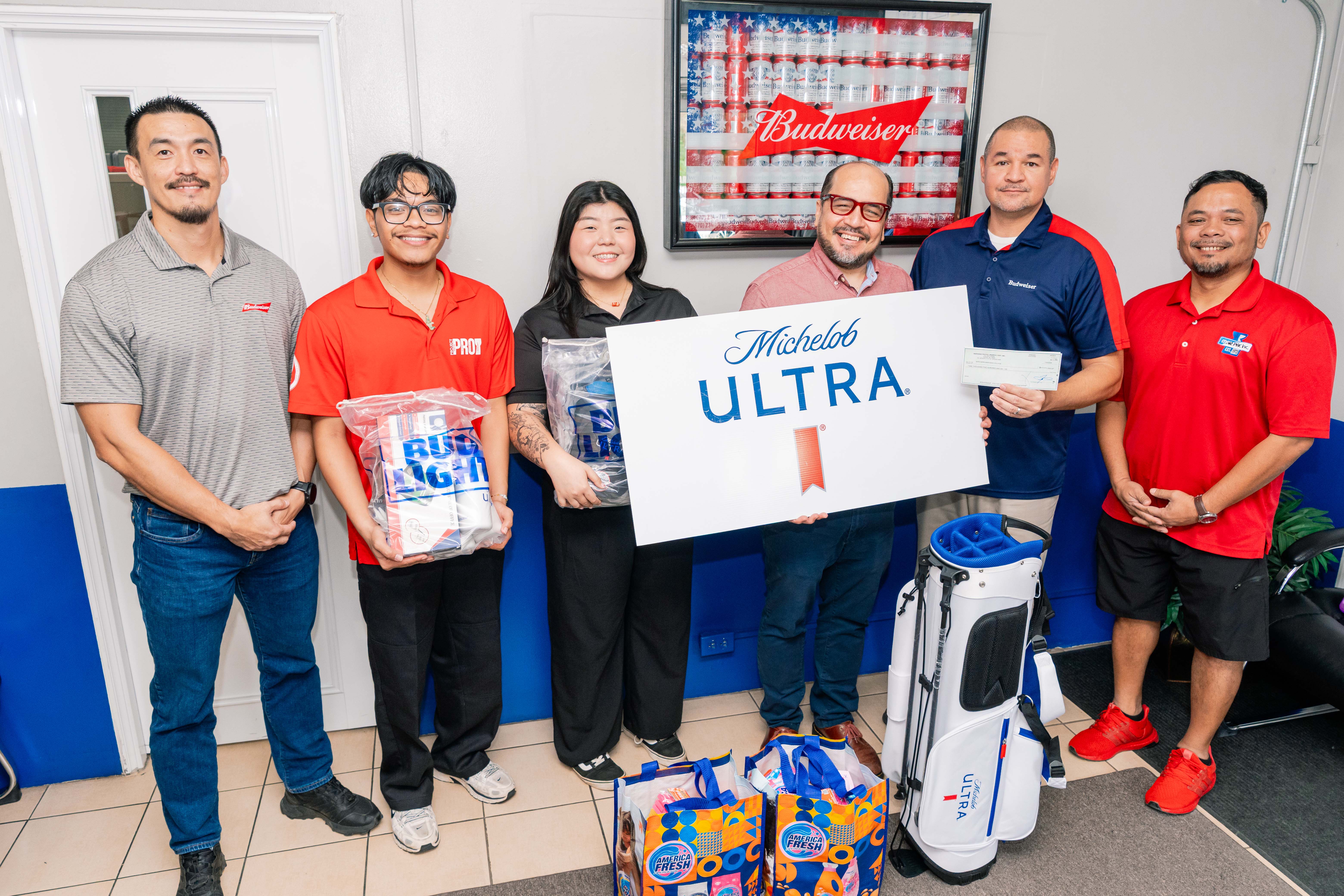 Marianas Pacific Distributors Inc. has become the latest gold sponsor of the Northern Marianas College Foundation’s Golf Open, contributing nearly $5,000 in cash and in-kind donations for the tournament set for March 22 and 23, 2025. From left: Marpac Sales Manager James Lee, NMC students Jude Litulumar and Robyn Lee, NMC President Galvin Deleon Guerrero, EdD, Marpac Resident Manager Guy Pudney and Consumer Sales Manager Tom Basa.NMC photo