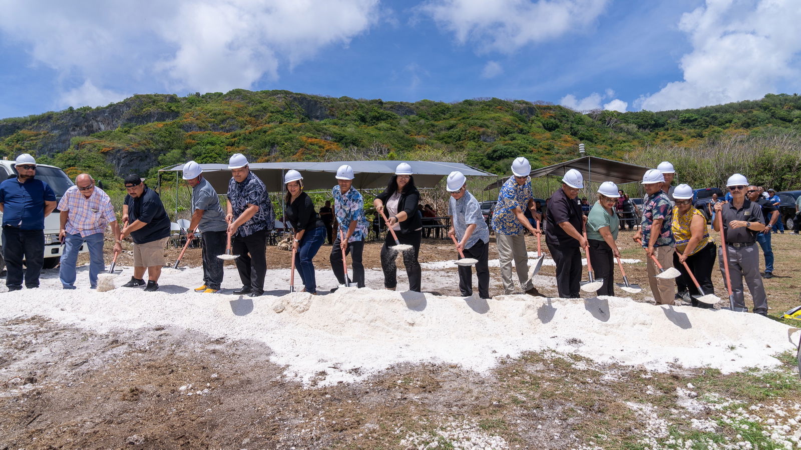Gov. Arnold I. Palacios and Rota Mayor Aubry Hocog, along with other CNMI and Rota officials, participate in the groundbreaking ceremony for the Pona Point Cliff Fishing and Railing Project on Friday.Contributed photo