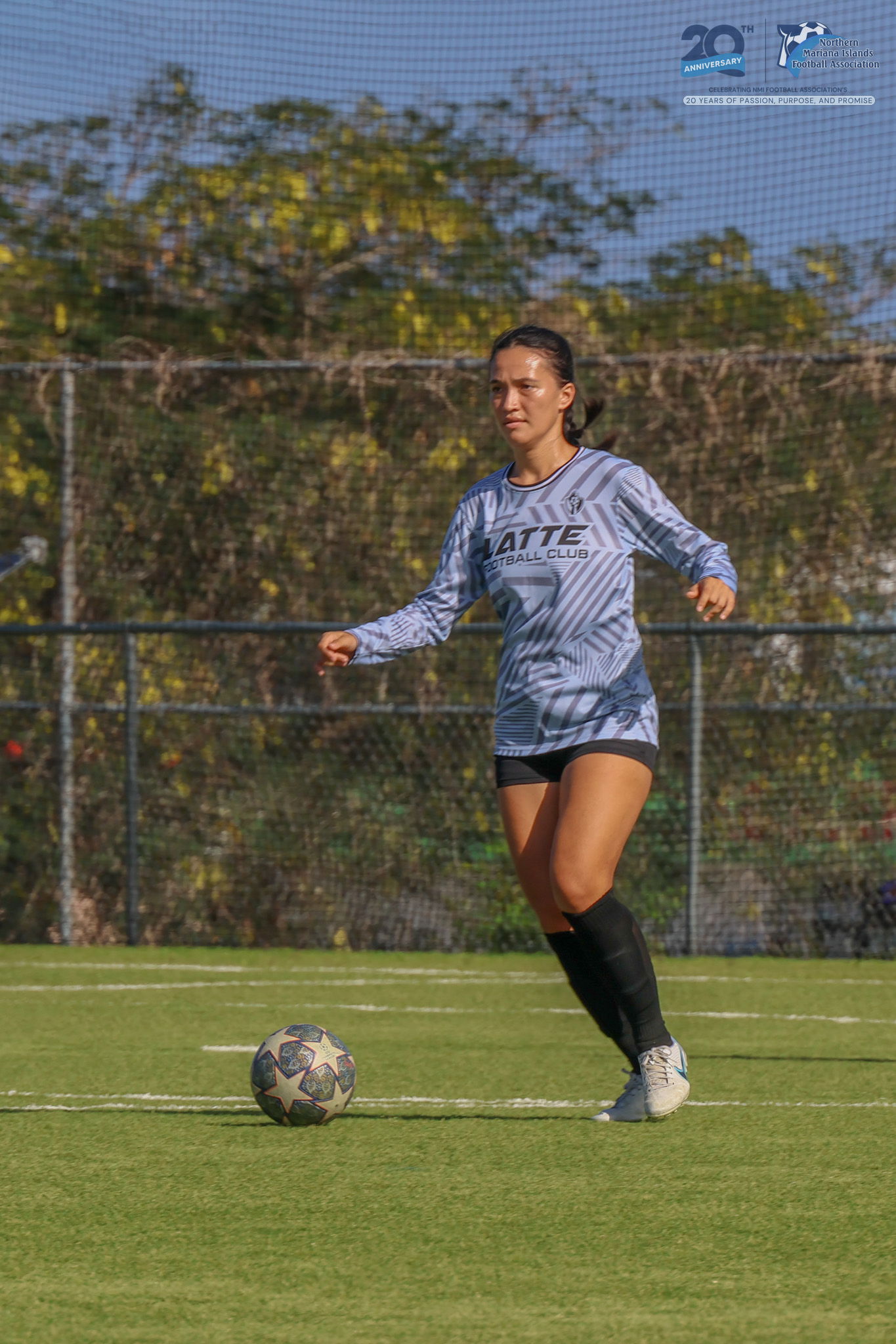Latte Football Club’s Bernadette Horey sets up a play during an A Division game of the Dove Women's League Spring 2025 at the NMI Soccer Training Center in Koblerville.NMIFA photo