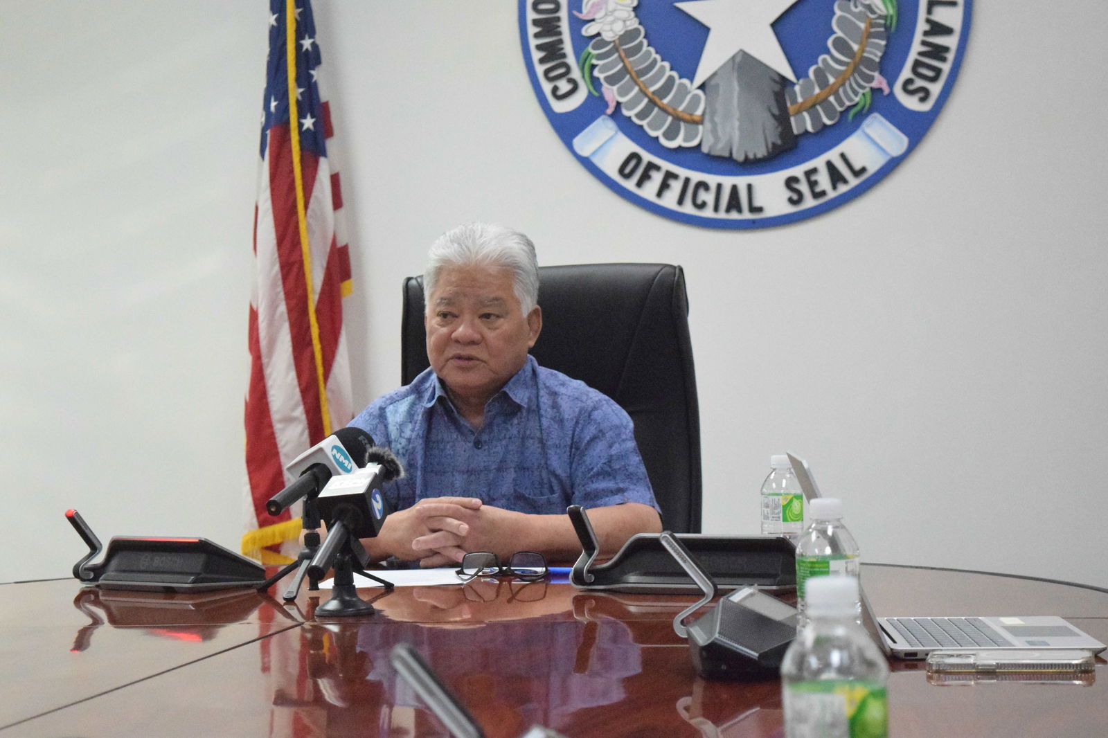 Gov. Arnold I. Palacios speaks during a press conference at his office on Capital Hill, Thursday.
