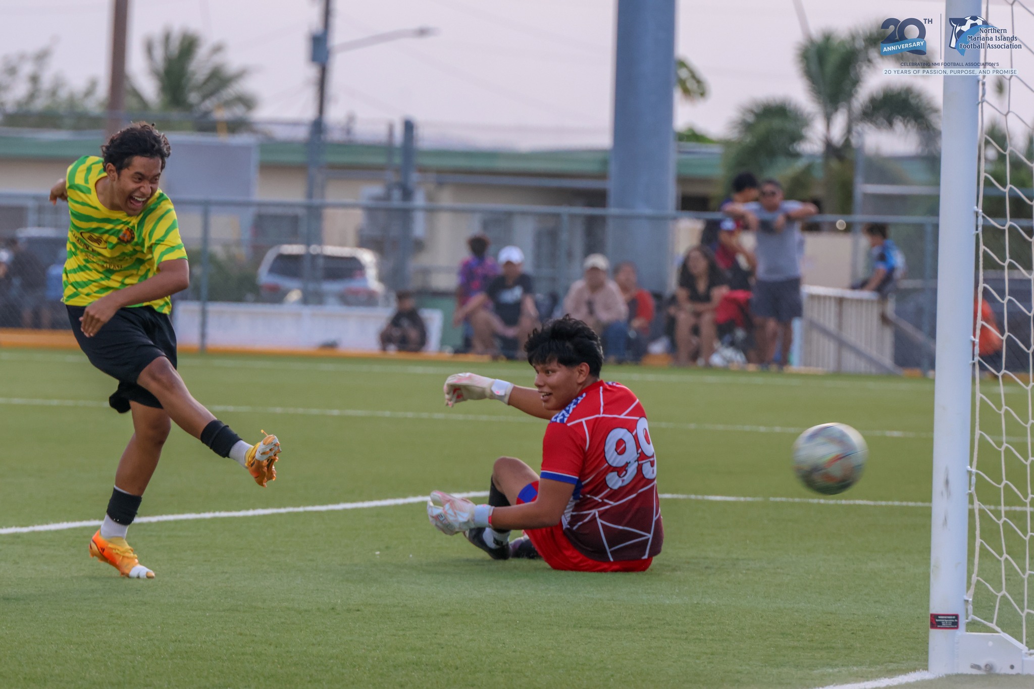 Matansa Football Club's Bennetton Haro takes the uncontested shot during a match against Shirley's Football Club in the U17 boys division of the TakeCare Youth Soccer League Spring 2025 at the NMI Soccer Training Center in Koblerville.NMIFA photo