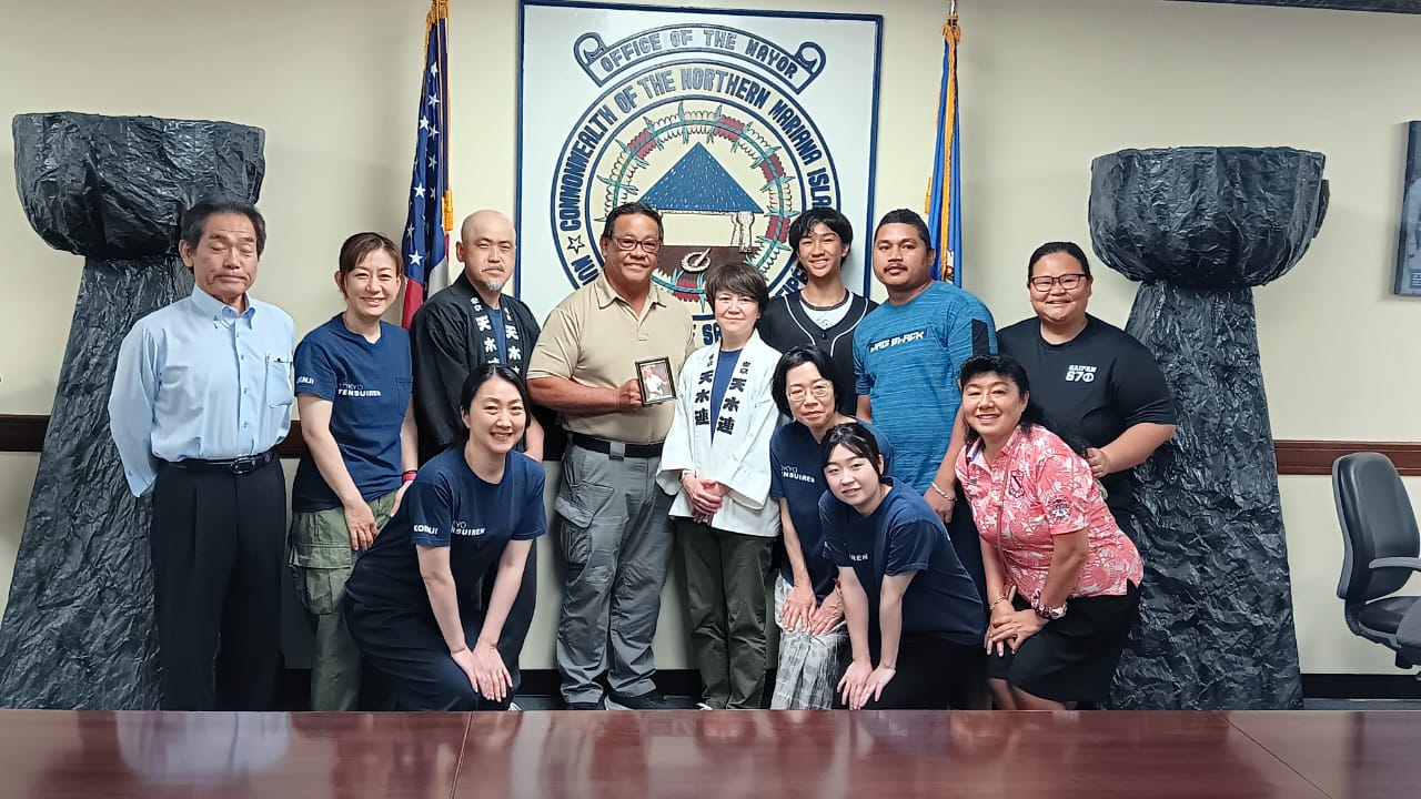 Saipan Mayor Ramon Blas "RB" Camacho poses for a photo with Tokyo Awaodori Tensui-Ren Rencho Shito Taeko, Vice Rencho Takashi Ueyama, Saipan Awaodori co-founder Misako Kamata, Paseo De Marianas Promoters Inc. Director Hideaki Sawada and Tokyo Awaodori Tensui-ren dancers during a courtesy visit on Monday last week.