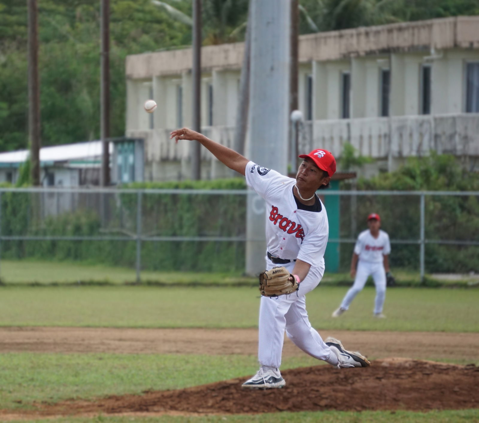 Braves Jr.’s Aiken Norita pitches against the Blue Jays Jr. during an opening game in the Junior Division of the 2025 Saipan Little League Baseball at the Francisco "Tan Ko" Palacios Baseball Field on Saturday.Photo by James F. Sablan Jr.