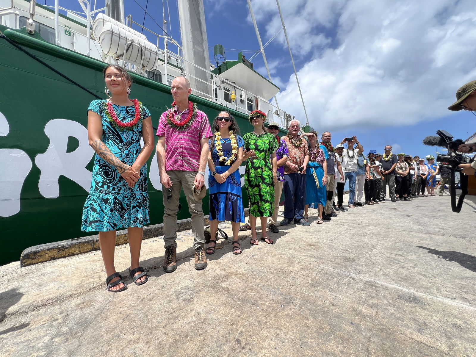 On arrival in Majuro March 11, the crew of Greenpeace's Rainbow Warrior III vessel were serenaded by the Rongelap community to mark the 40th anniversary of the evacuation of Rongelap Islanders from their nuclear test-affected islands.Photo by Giff Johnson