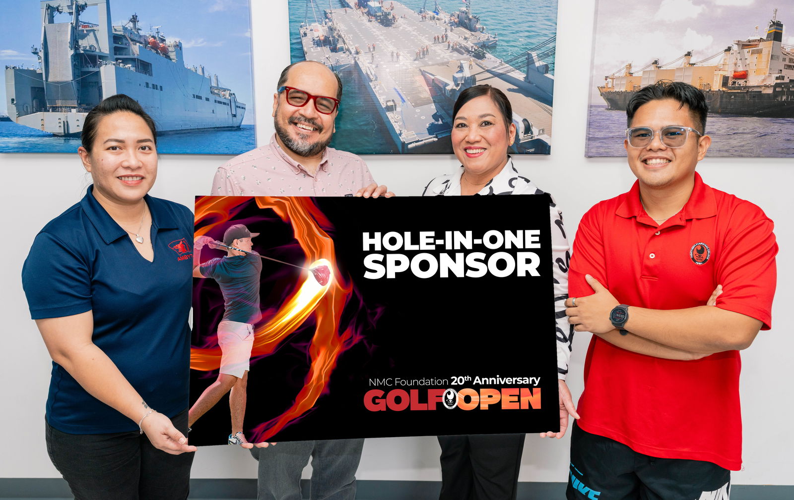 As part of their commitment to supporting education in the CNMI, Ambyth Shipping and Seafix Inc. are offering a $20,000 cash as a hole-in-one prize at the Northern Marianas College Foundation’s upcoming Golf Open. From left: Ambyth Senior Marine Coordinator Jovie Villacrusis, NMC President Galvin Deleon Guerrero, EdD, Ambyth and Seafix Quality Assurance and Human Resources Senior Executive Josefine Dandan, and NMC Content Creator/Digital Media Specialist Casey Huliganga.