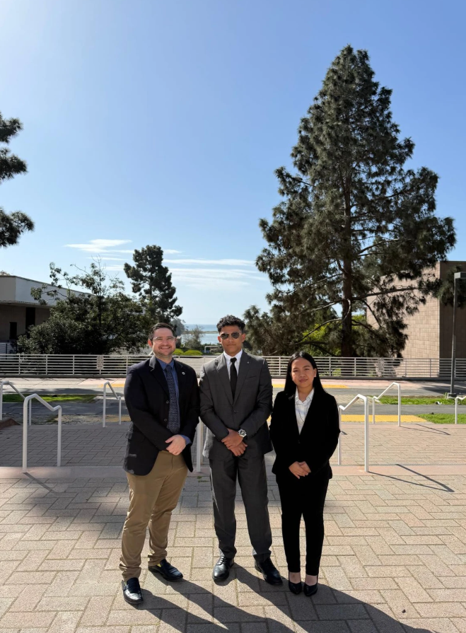 Coach J. Robert Glass Jr. with moot court competitors Christopher Dela Cruz and Carly Dela Cruz on the University of California, Santa Barbara campus on Saturday, March 3, 2025.