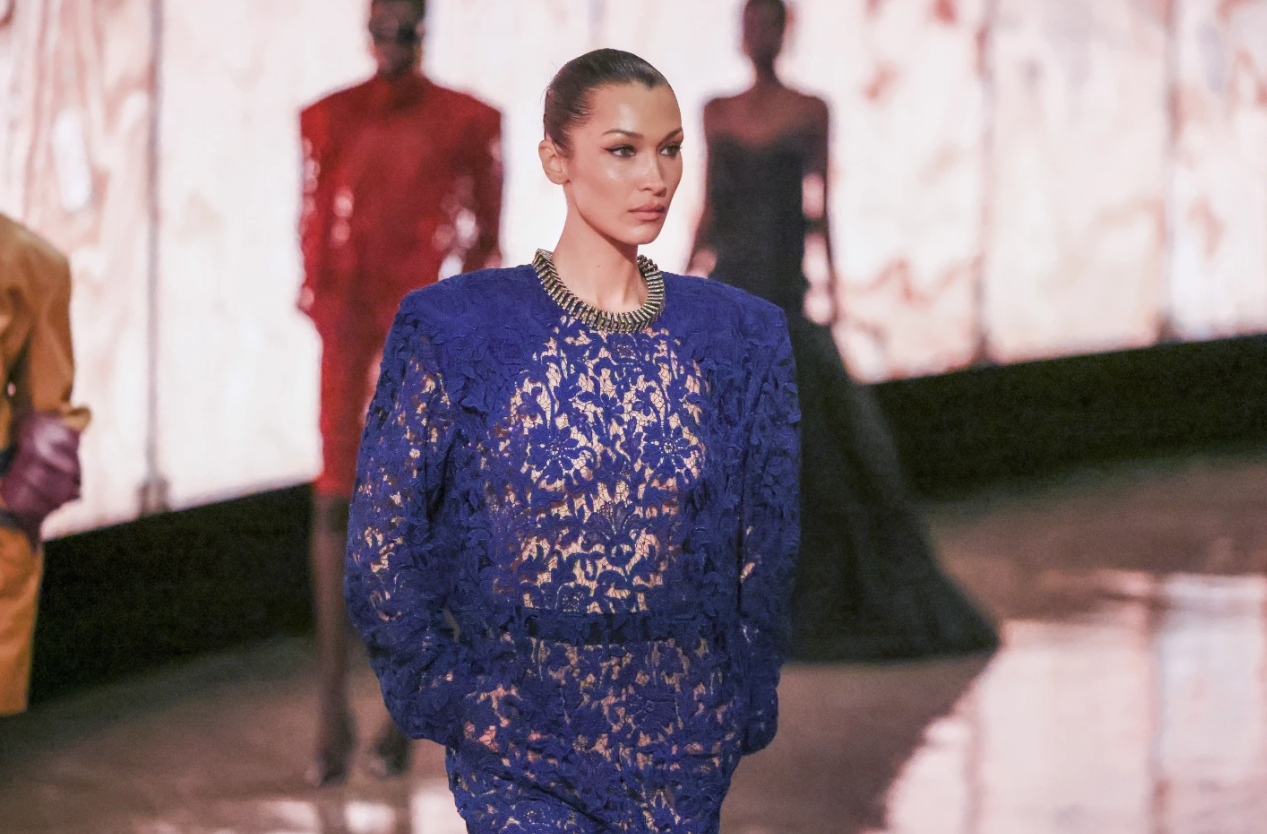 Bella Hadid wears a creation as part of the Saint Laurent Fall/Winter 2025-2026 Womenswear collection presented Tuesday, March 11, 2025 in Paris.