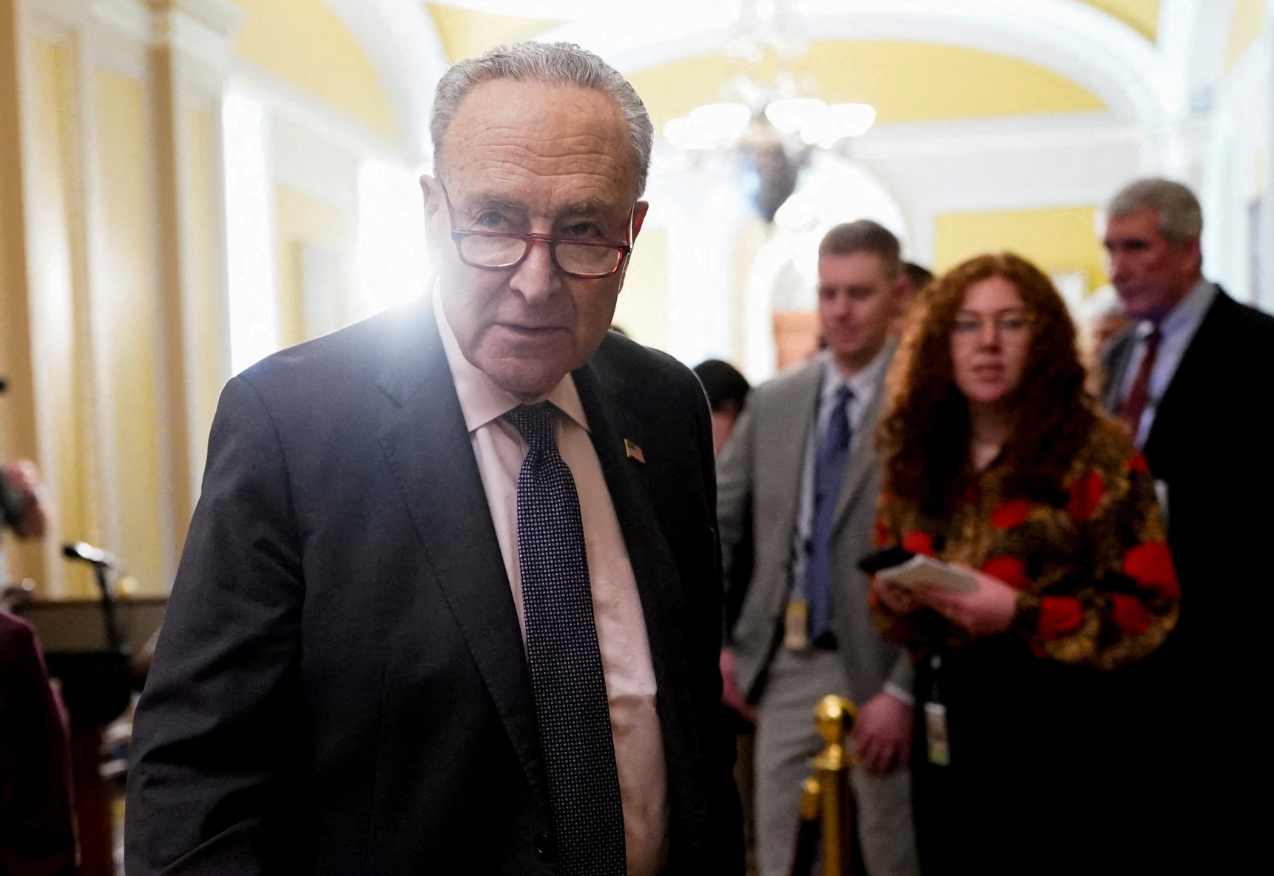 Senate Minority Leader Chuck Schumer of New York walks on the day of the Senate Democrats’ weekly policy lunch on Capitol Hill in Washington, D.C., Feb. 25, 2025.REUTERS