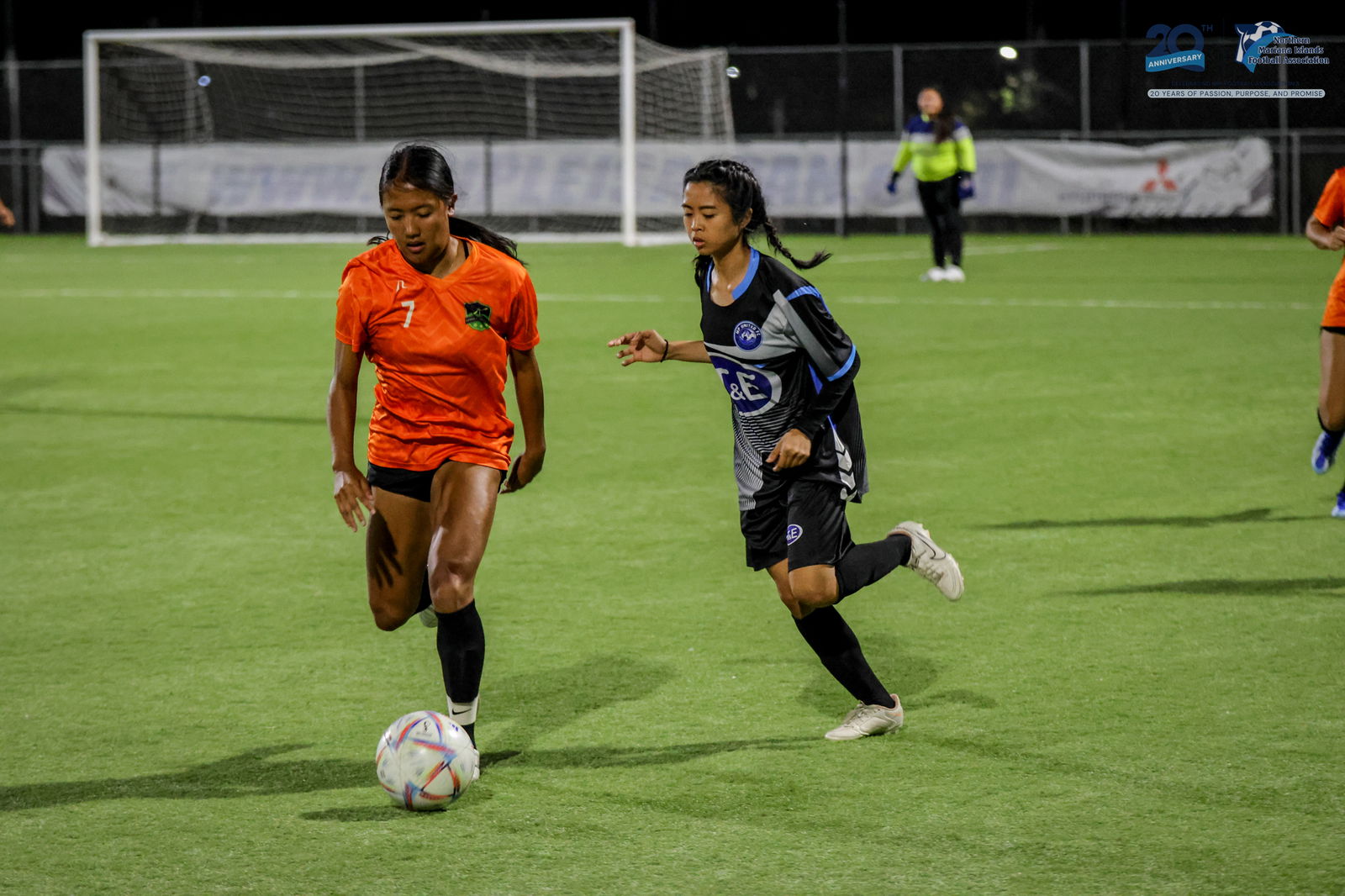 Kanoa’s Kaithlyn Chavez and MP United’s Megan Elayda battle for the possession during an A Division game of the Dove Women's League Spring 2025 at the NMI Soccer Training Center in Koblerville.NMIFA photo