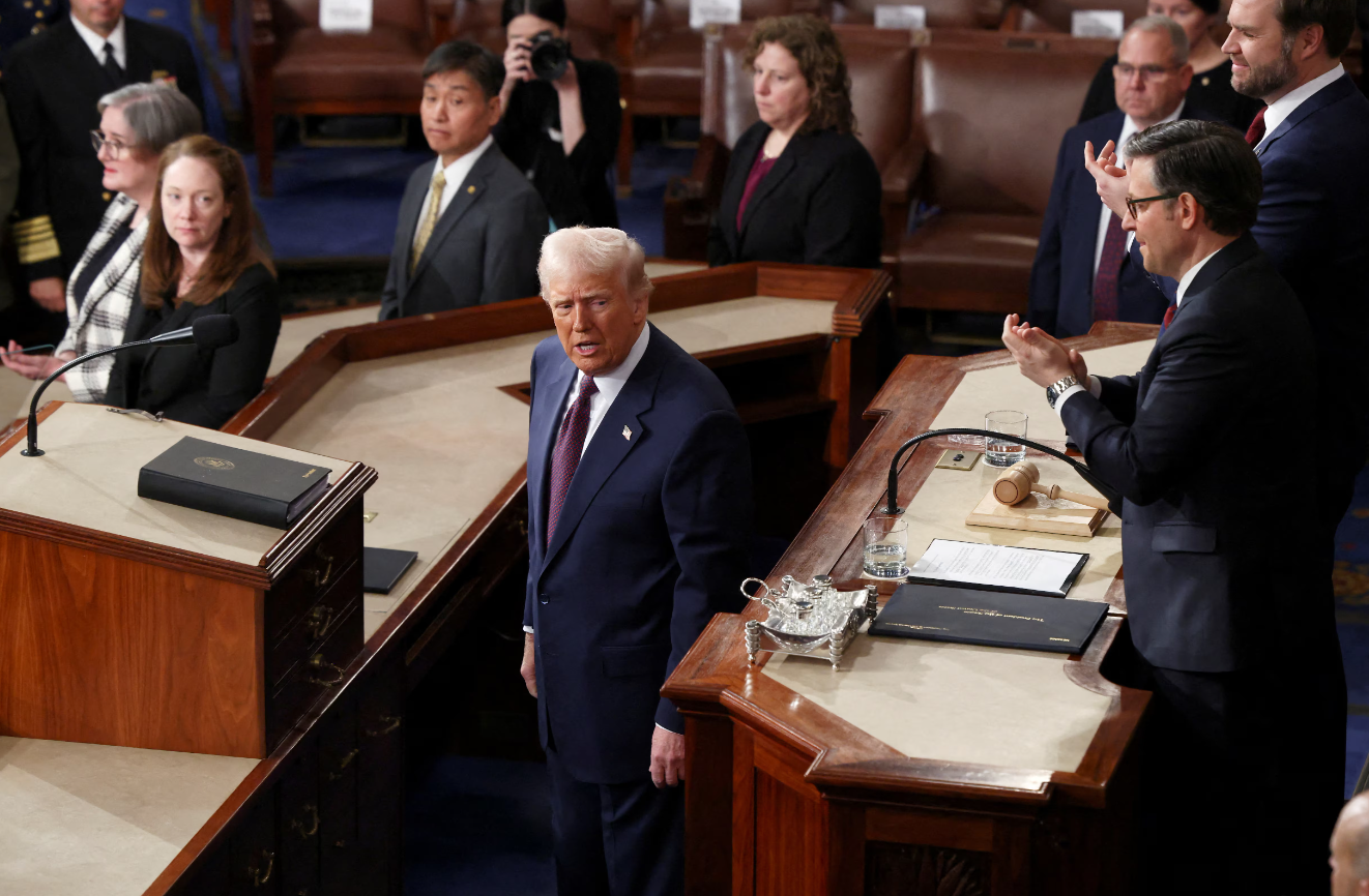 President Donald Trump, Vice President JD Vance and Speaker of the House Mike Johnson attend a joint session of Congress, in the House chamber of the U.S. Capitol in Washington, D.C., March 4, 2025.REUTERS