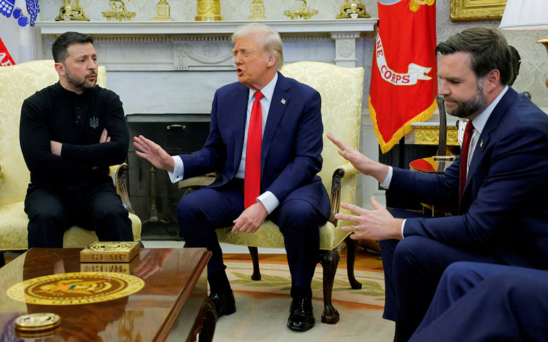 President Donald Trump meets with Ukrainian President Volodymyr Zelenskiy as Vice President JD Vance reacts at the White House in Washington, D.C., Feb. 28, 2025.