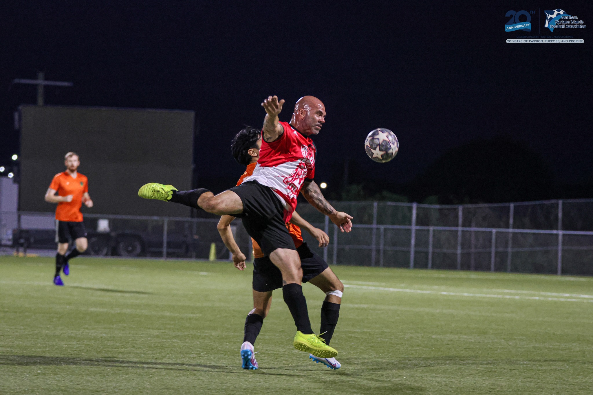Paire Football Club’s Derek Cutting uses his body to intercept the ball during a game in the Marianas Soccer League 2 Spring 2025 at the NMI Soccer Training Center in Koblerville.
