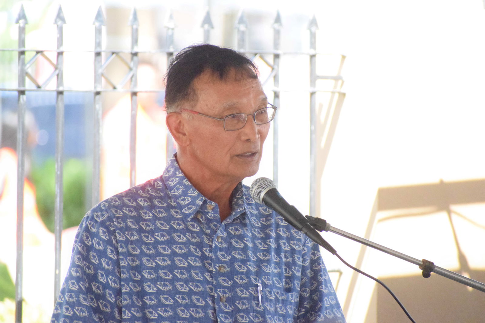 Former Gov. Juan N. Babauta speaks during the 16th commemoration ceremony of the Chalan Kanoa Leadership Memorial Kiosku Courtyard on Friday, March 14, 2025.