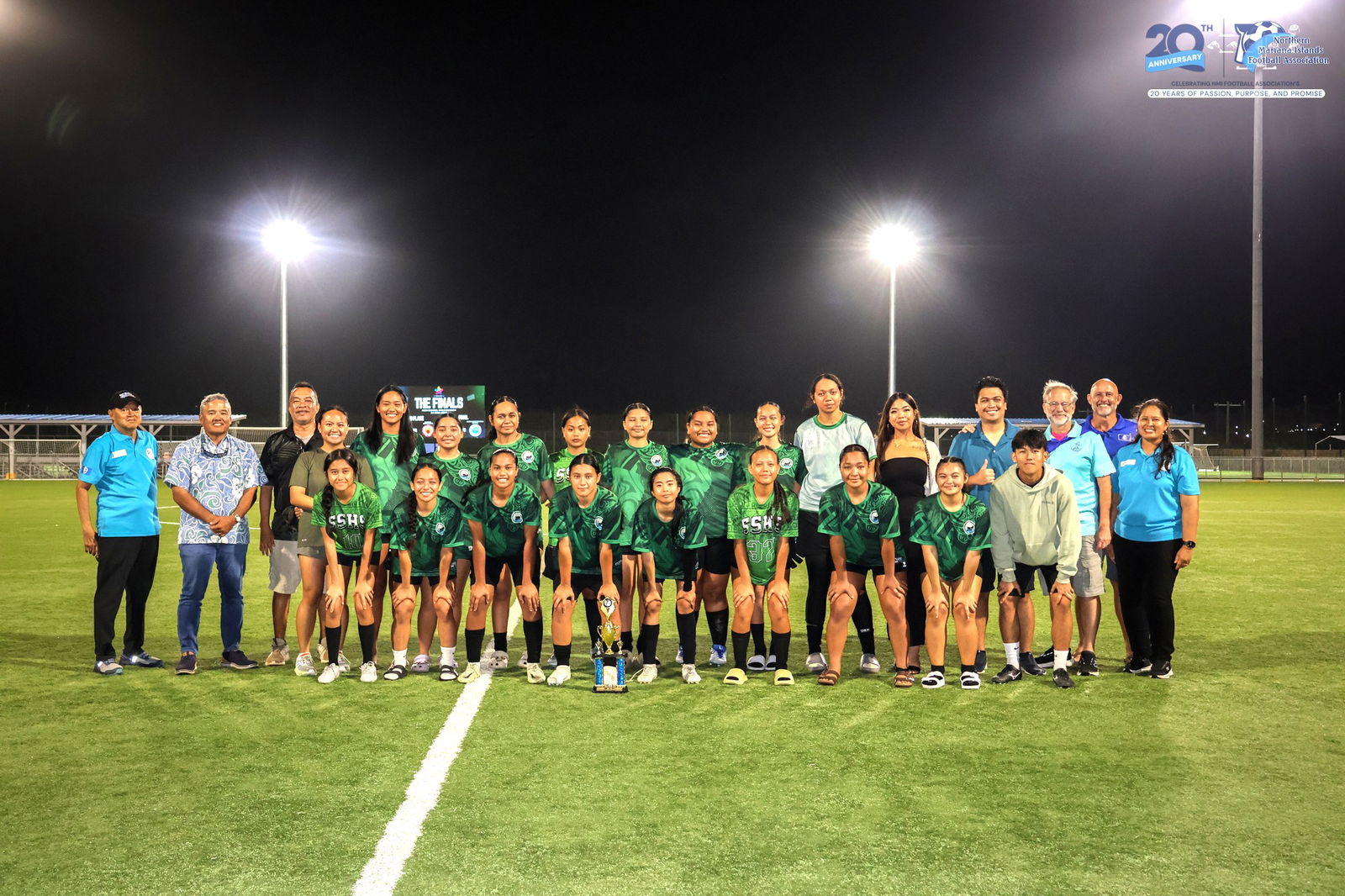 Saipan Southern High School players pose with the 2nd place trophy in the girls high school division of the PSS-NMIFA Interscholastic Soccer League SY24-25 at the NMI Soccer Training Center in Koblerville.