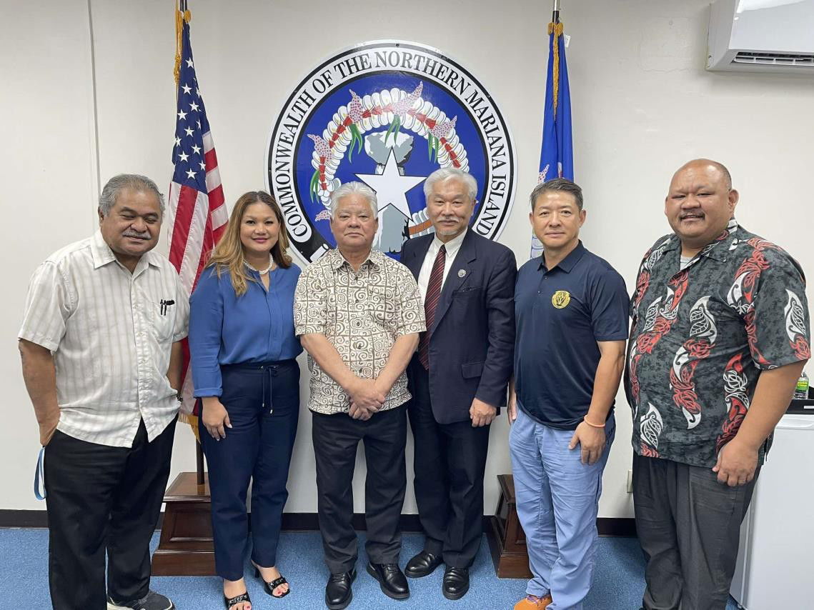 EUCON President Dr. Christian Wei and partner Daniel Xu pose for a photo with Gov. Arnold Palacios, Sen. Corina Magofna, Rep. John Paul Sablan, and Commonwealth Economic Development Authority Chair Francisco Rabauliman during a recent meeting.EUCON photo