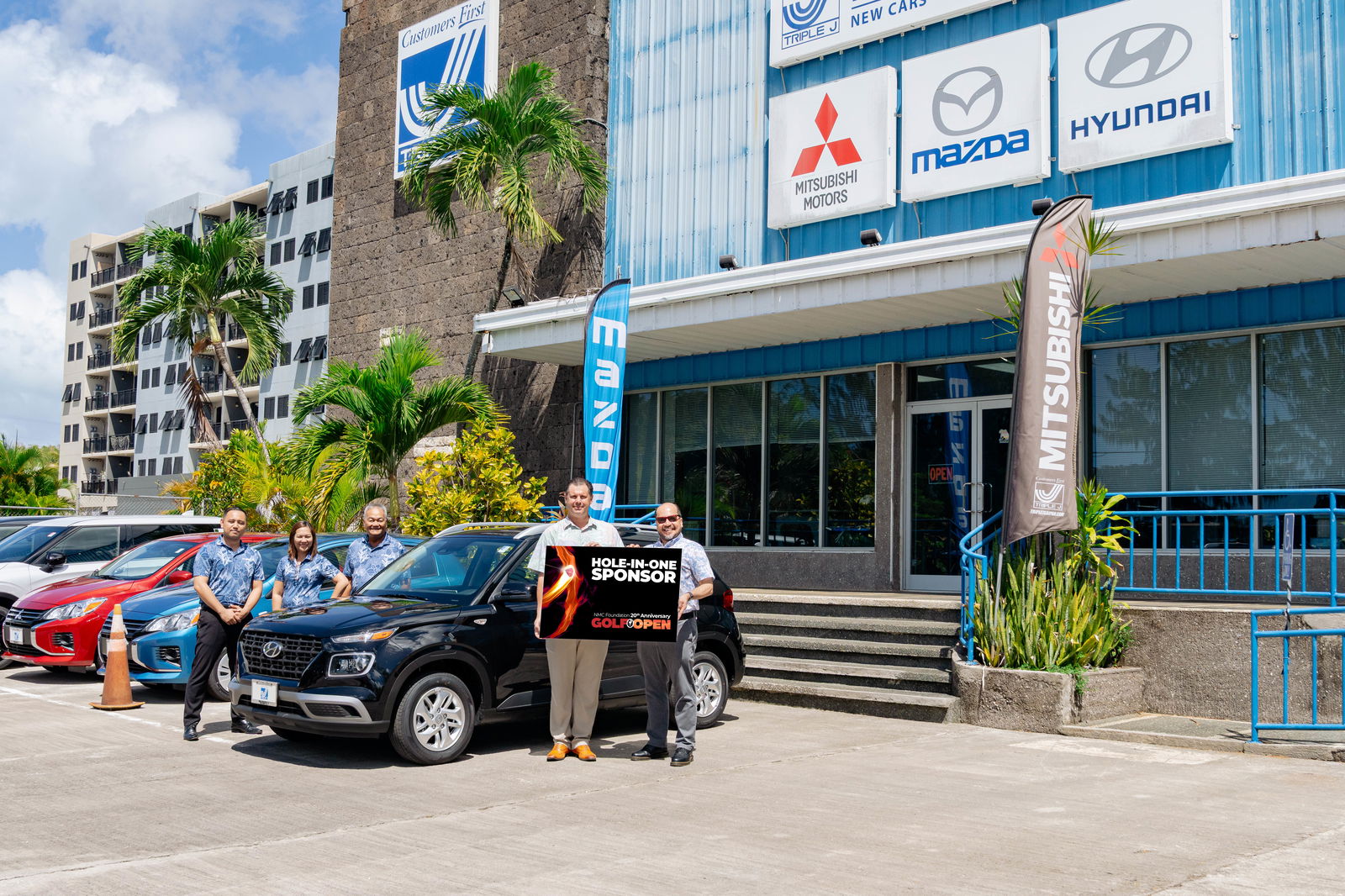 Continuing its commitment to education and community development in the CNMI, Triple J Motors is donating a brand-new 2025 Hyundai Venue as a hole-in-one prize for the Northern Marianas College Foundation’s upcoming Golf Open. In photo are NMC President Galvin Deleon Guerrero, EdD with Triple J Motors General Manager Sean Ficke and Triple J Motors staff.NMC photo