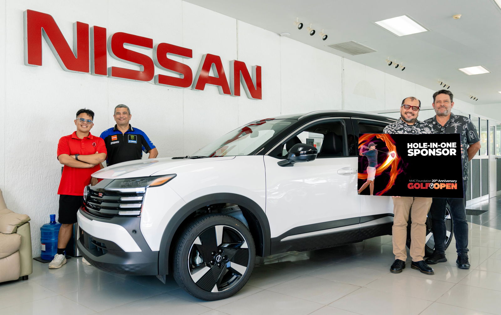 As part of its ongoing support for higher education in the CNMI, Joeten Motors is offering a brand-new 2025 Nissan Kicks as a hole-in-one prize at the Northern Marianas College Foundation’s upcoming Golf Open. In photo are NMC President Galvin Deleon Guerrero, EdD, with Joeten Motors Vice President Matthew Deets, Joeten Motors Sales Manager Boss Alvarez, and NMC Digital Media Specialist Casey Huliganga.NMC photo