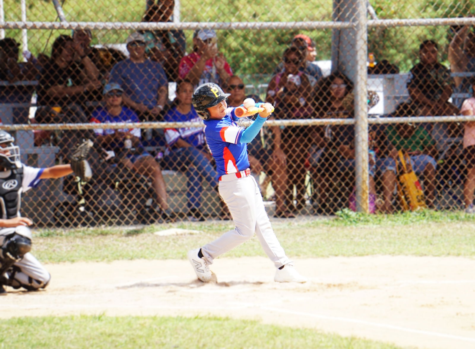 Ol’Aces’ Lennox Sablan connects a single during a game against Falcons II in the Majors Division of the 2025 Saipan Little League Baseball at the Miguel “Tan Ge” Pangelinan Softball Field on Saturday.